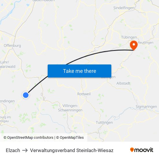 Elzach to Verwaltungsverband Steinlach-Wiesaz map