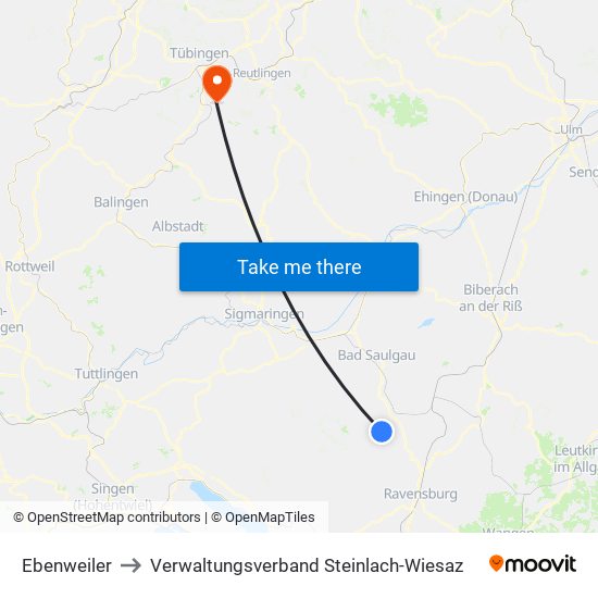 Ebenweiler to Verwaltungsverband Steinlach-Wiesaz map