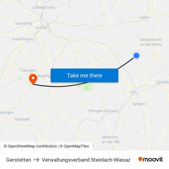 Gerstetten to Verwaltungsverband Steinlach-Wiesaz map
