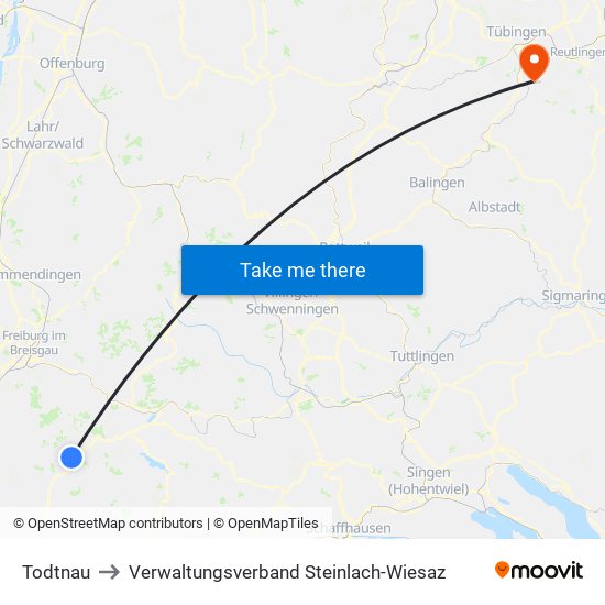 Todtnau to Verwaltungsverband Steinlach-Wiesaz map