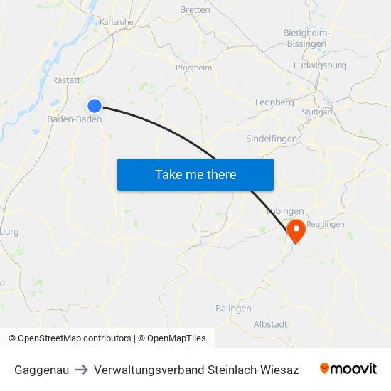 Gaggenau to Verwaltungsverband Steinlach-Wiesaz map