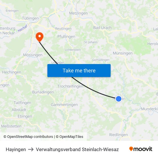 Hayingen to Verwaltungsverband Steinlach-Wiesaz map