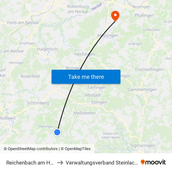 Reichenbach am Heuberg to Verwaltungsverband Steinlach-Wiesaz map