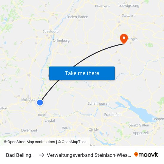 Bad Bellingen to Verwaltungsverband Steinlach-Wiesaz map