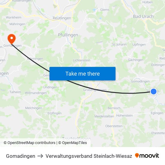 Gomadingen to Verwaltungsverband Steinlach-Wiesaz map