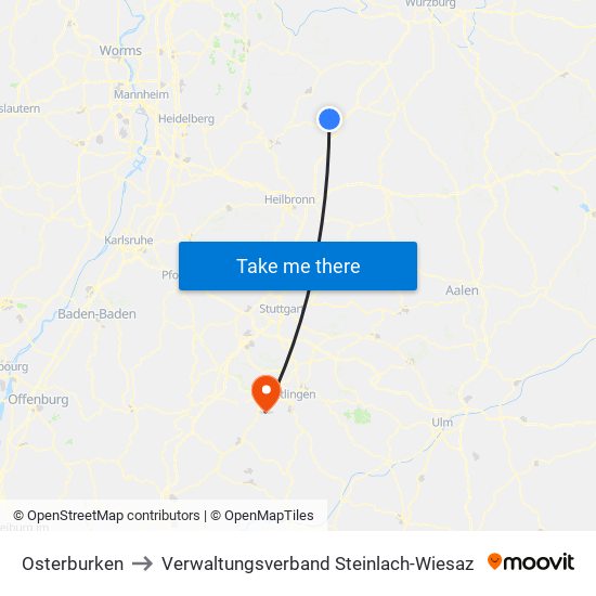 Osterburken to Verwaltungsverband Steinlach-Wiesaz map