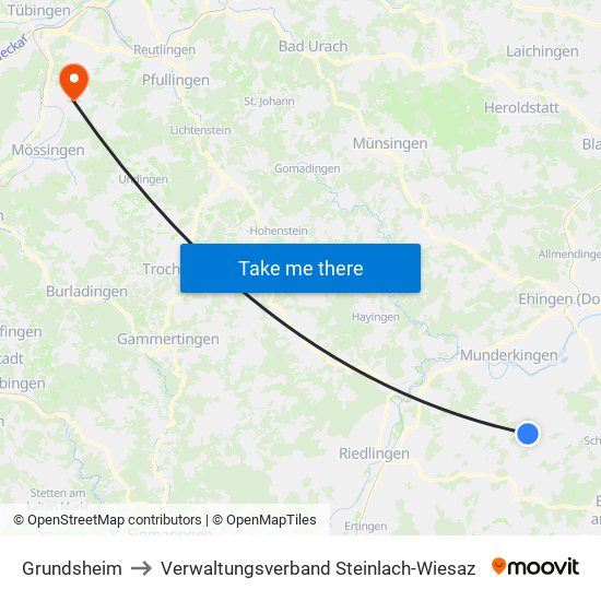 Grundsheim to Verwaltungsverband Steinlach-Wiesaz map