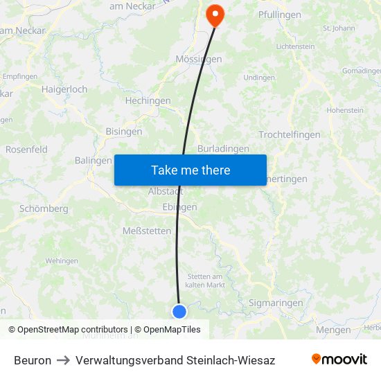 Beuron to Verwaltungsverband Steinlach-Wiesaz map