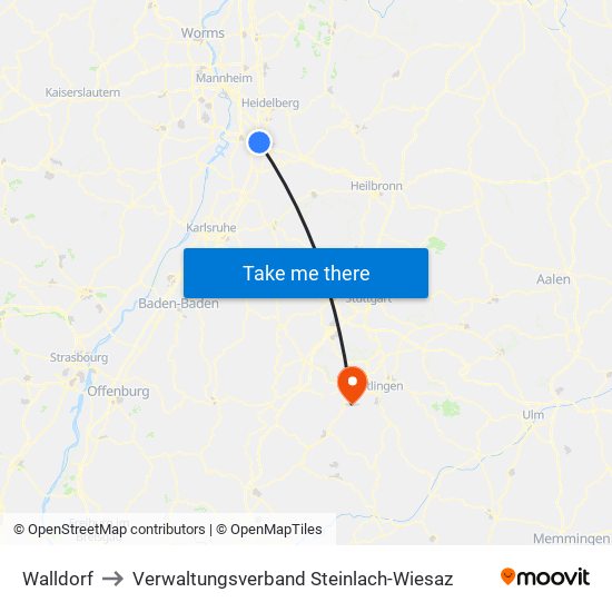 Walldorf to Verwaltungsverband Steinlach-Wiesaz map