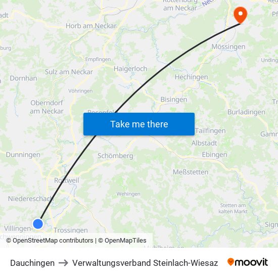 Dauchingen to Verwaltungsverband Steinlach-Wiesaz map