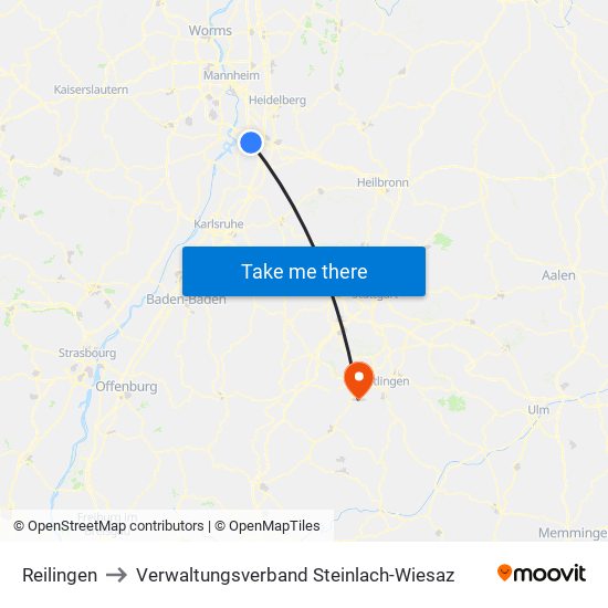 Reilingen to Verwaltungsverband Steinlach-Wiesaz map