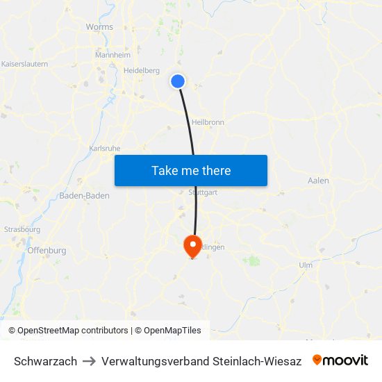 Schwarzach to Verwaltungsverband Steinlach-Wiesaz map