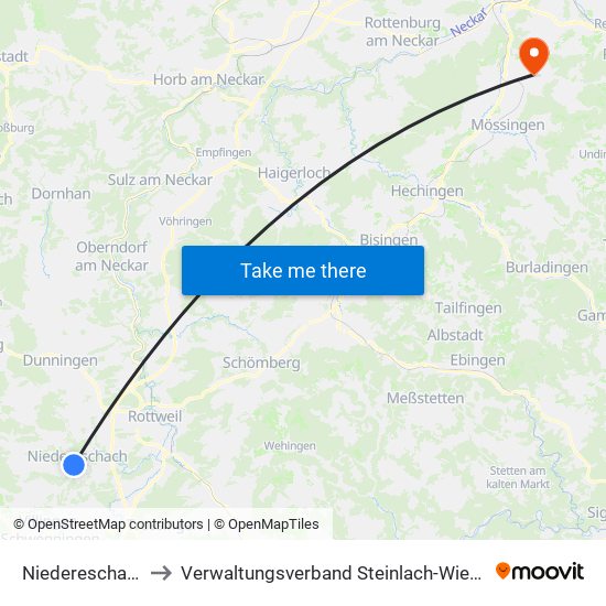 Niedereschach to Verwaltungsverband Steinlach-Wiesaz map