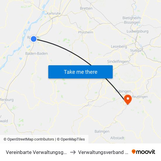 Vereinbarte Verwaltungsgemeinschaft Rastatt to Verwaltungsverband Steinlach-Wiesaz map