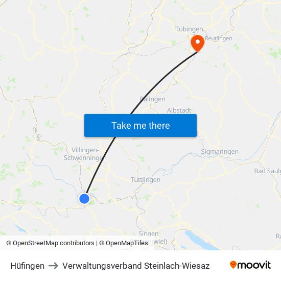 Hüfingen to Verwaltungsverband Steinlach-Wiesaz map