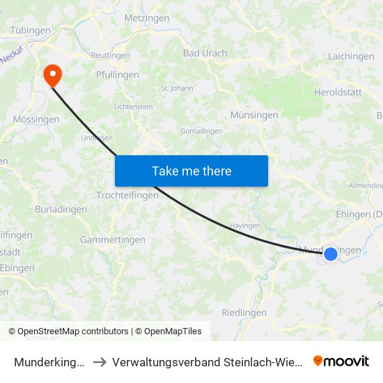 Munderkingen to Verwaltungsverband Steinlach-Wiesaz map
