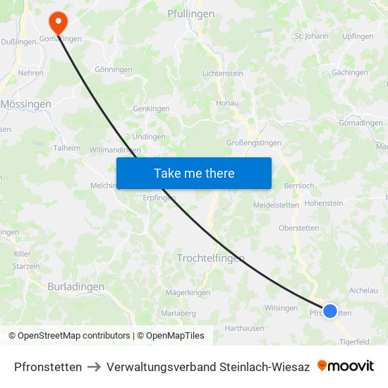 Pfronstetten to Verwaltungsverband Steinlach-Wiesaz map