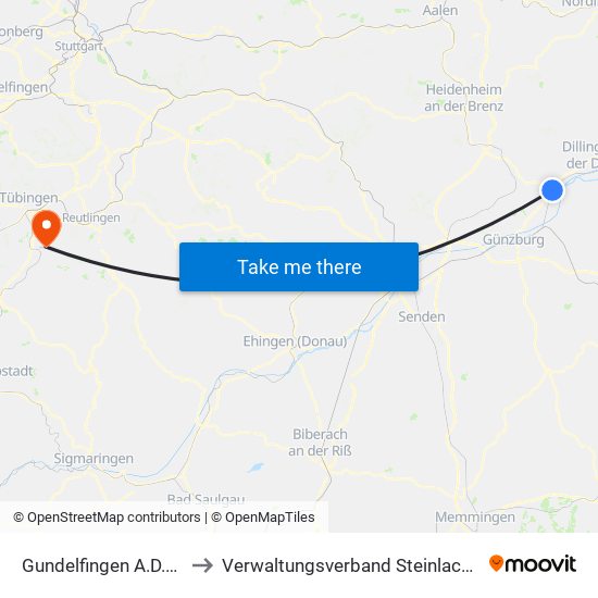 Gundelfingen A.D.Donau to Verwaltungsverband Steinlach-Wiesaz map