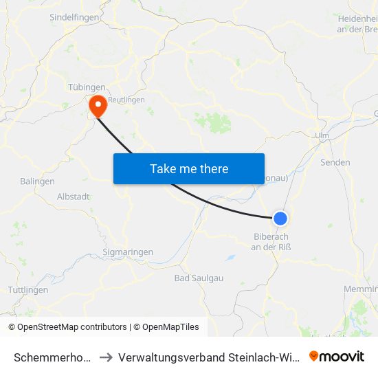 Schemmerhofen to Verwaltungsverband Steinlach-Wiesaz map