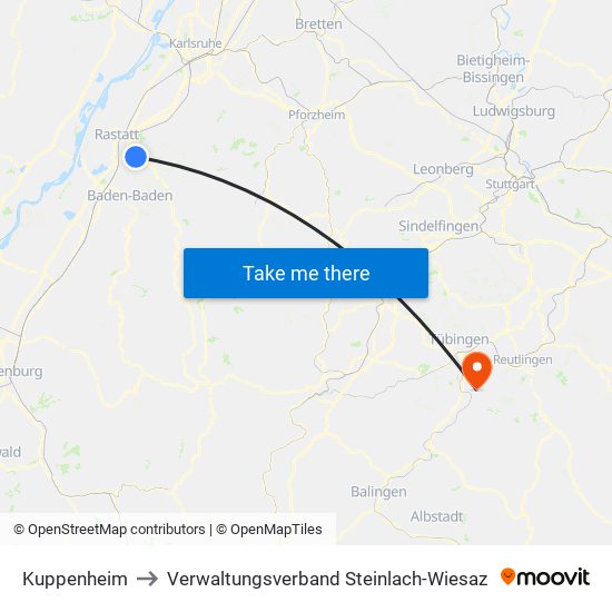 Kuppenheim to Verwaltungsverband Steinlach-Wiesaz map