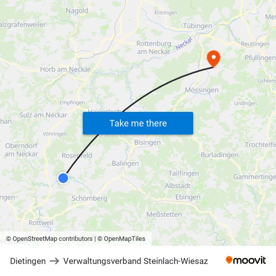 Dietingen to Verwaltungsverband Steinlach-Wiesaz map
