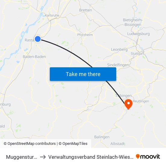 Muggensturm to Verwaltungsverband Steinlach-Wiesaz map