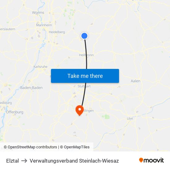 Elztal to Verwaltungsverband Steinlach-Wiesaz map