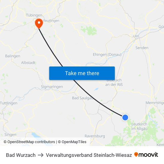 Bad Wurzach to Verwaltungsverband Steinlach-Wiesaz map