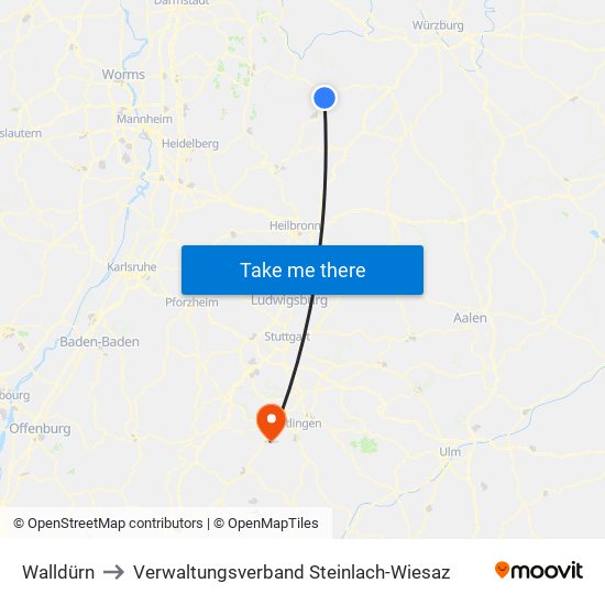 Walldürn to Verwaltungsverband Steinlach-Wiesaz map