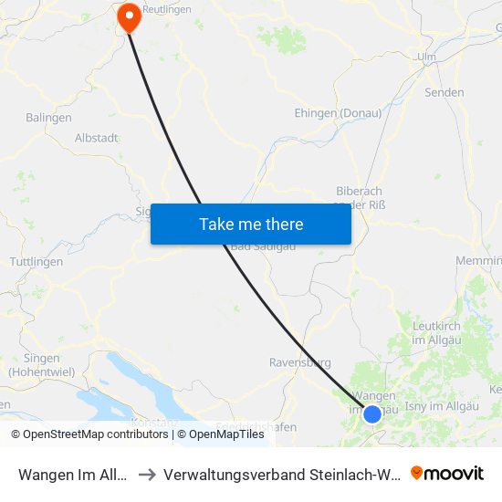 Wangen Im Allgäu to Verwaltungsverband Steinlach-Wiesaz map