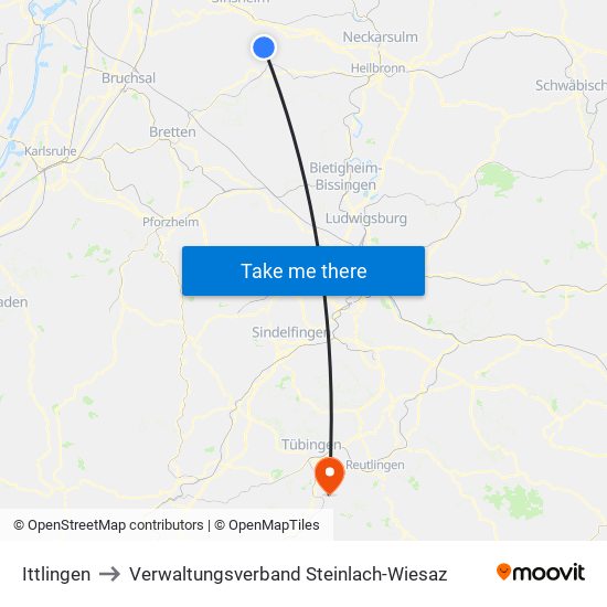 Ittlingen to Verwaltungsverband Steinlach-Wiesaz map