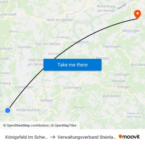 Königsfeld Im Schwarzwald to Verwaltungsverband Steinlach-Wiesaz map