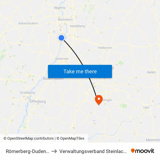 Römerberg-Dudenhofen to Verwaltungsverband Steinlach-Wiesaz map