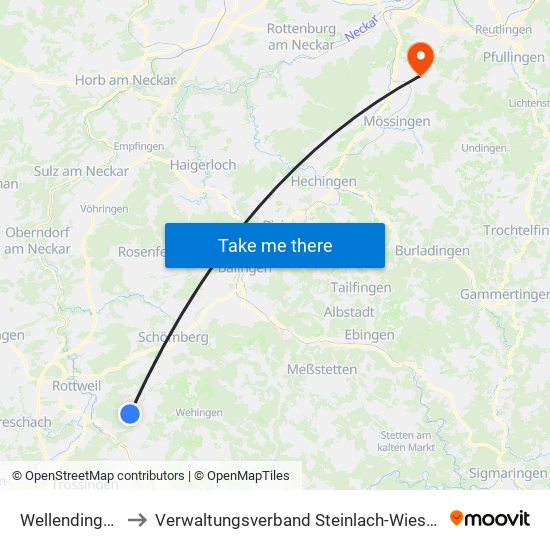 Wellendingen to Verwaltungsverband Steinlach-Wiesaz map