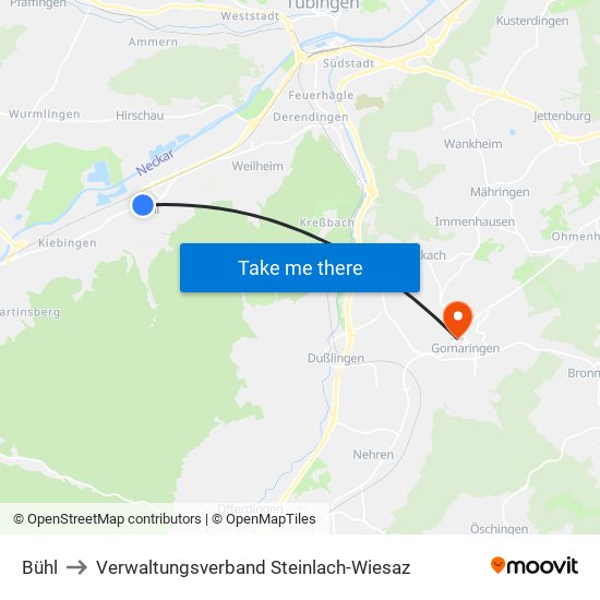 Bühl to Verwaltungsverband Steinlach-Wiesaz map