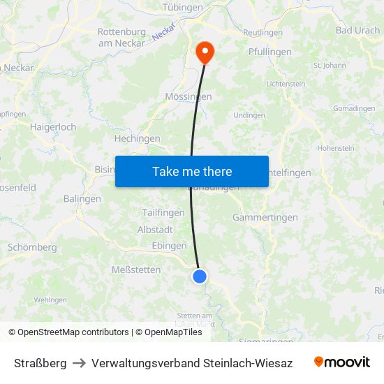 Straßberg to Verwaltungsverband Steinlach-Wiesaz map
