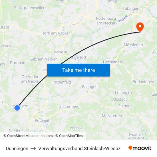 Dunningen to Verwaltungsverband Steinlach-Wiesaz map