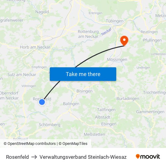 Rosenfeld to Verwaltungsverband Steinlach-Wiesaz map