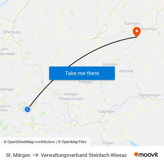 St. Märgen to Verwaltungsverband Steinlach-Wiesaz map