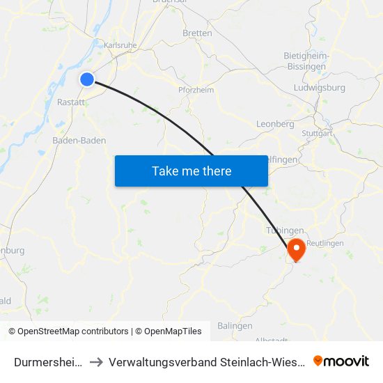 Durmersheim to Verwaltungsverband Steinlach-Wiesaz map