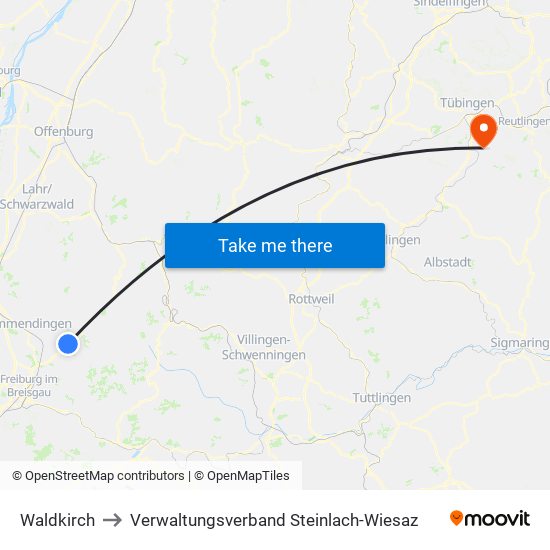 Waldkirch to Verwaltungsverband Steinlach-Wiesaz map