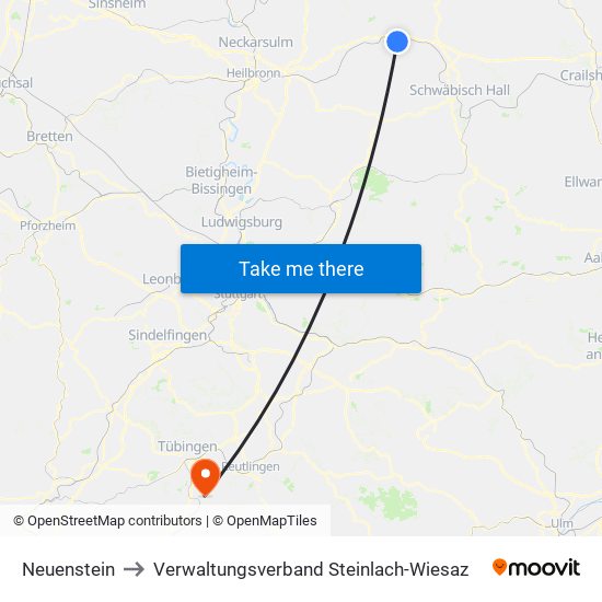 Neuenstein to Verwaltungsverband Steinlach-Wiesaz map