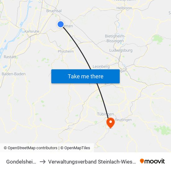 Gondelsheim to Verwaltungsverband Steinlach-Wiesaz map