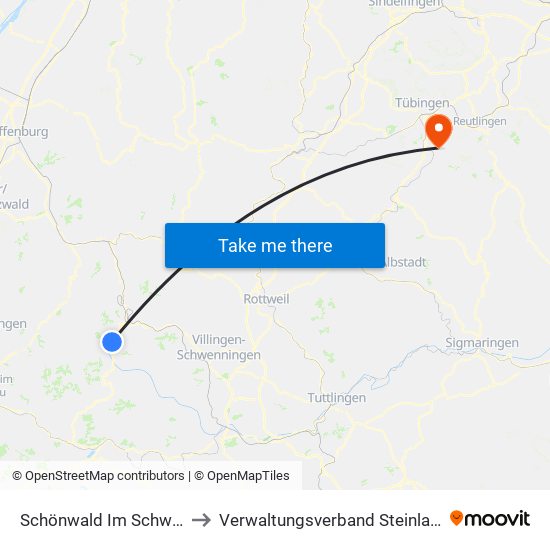 Schönwald Im Schwarzwald to Verwaltungsverband Steinlach-Wiesaz map