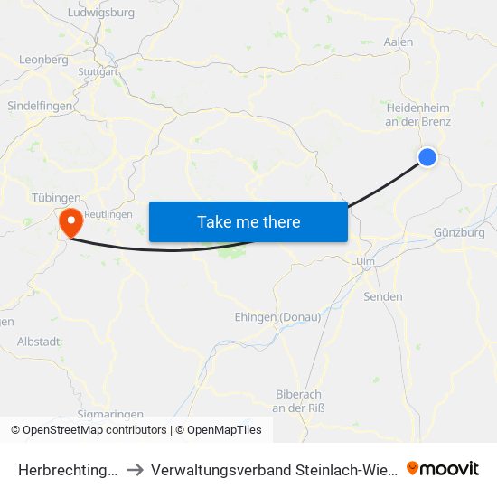 Herbrechtingen to Verwaltungsverband Steinlach-Wiesaz map