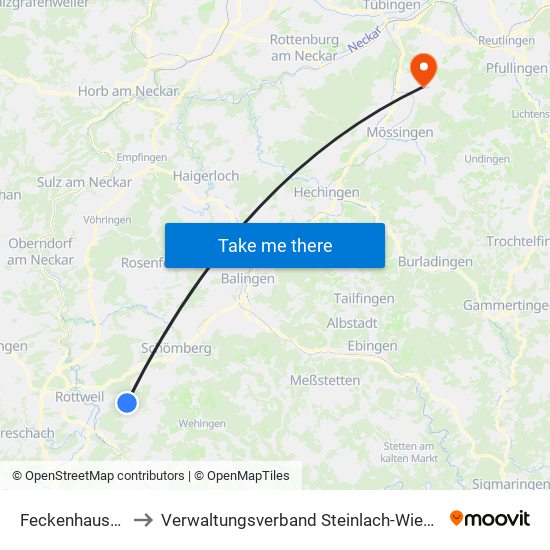 Feckenhausen to Verwaltungsverband Steinlach-Wiesaz map