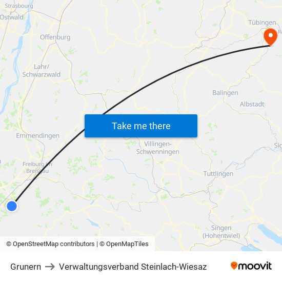 Grunern to Verwaltungsverband Steinlach-Wiesaz map