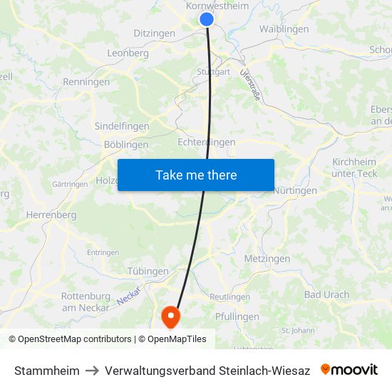 Stammheim to Verwaltungsverband Steinlach-Wiesaz map