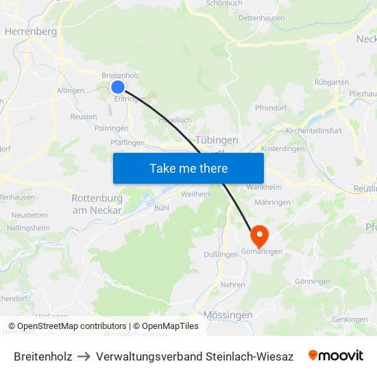 Breitenholz to Verwaltungsverband Steinlach-Wiesaz map