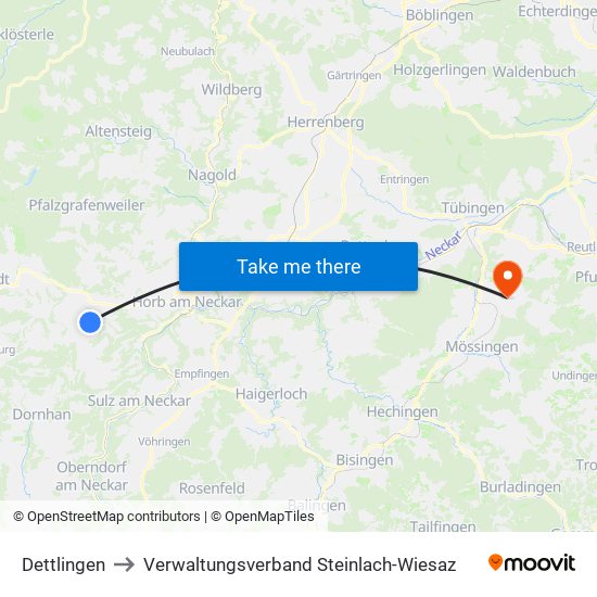 Dettlingen to Verwaltungsverband Steinlach-Wiesaz map